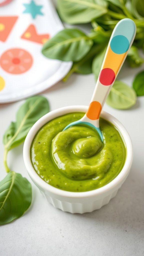 A small bowl of green spinach puree with a colorful spoon, surrounded by fresh spinach leaves.